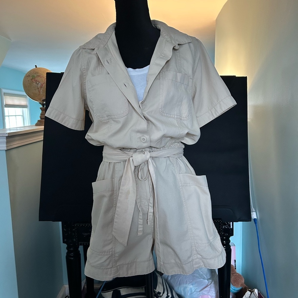 Beige Short Sleeve Romper with Belt